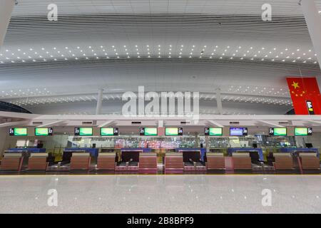 Guangzhou, China – September 23, 2019: Guangzhou Baiyun International Airport Terminal 2 (CAN) in China. Stock Photo
