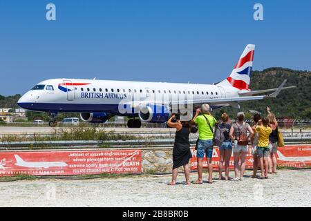 Skiathos, Greece – July 29, 2019: British Airways BA CityFlyer Embraer 190 airplane at Skiathos airport (JSI) in Greece. Stock Photo
