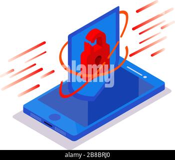 Cyberattack concept. Isometric phone with padlock protective shield on a blue background. Hacking smartphone user database. New technologies security. Stock Vector
