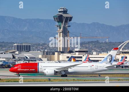 Los Angeles, California – April 12, 2019: Norwegian Boeing 787-9 Dreamliner airplane at Los Angeles International airport (LAX) in California. Stock Photo