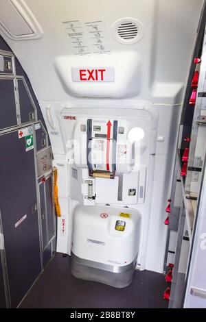 Cologne, Germany – November 2, 2019: Door of a German Airways Embraer 190 airplane at Cologne Bonn airport (CGN) in Germany. Stock Photo