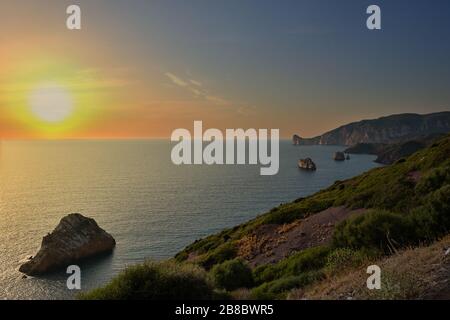 Pan di Zucchero faraglione, a big rock near Masua, Sardinia, Italy Stock Photo