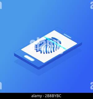 Digital information protection. Isometric mobile smart phone and fingerprint scan on blue background Stock Vector