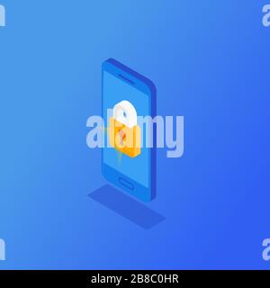 Isometric mobile smart phone locked on a blue background. Security, cyber attack protection concept Stock Vector
