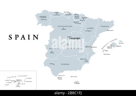 Spain, gray political map with administrative divisions. Kingdom of Spain with the capital Madrid, the autonomous communities, borders and capitals. Stock Photo