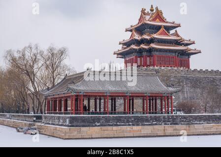 Corner tower over the moat around Forbidden City palace complex in central Beijing, China Stock Photo