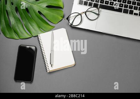 Flat lay, top view office table desk. Workspace with modern smartphone, laptop, pen, monstera leaves, eyeglasses and notebook on grey background minim Stock Photo