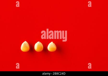 Three corn grains or corn maize in a row on red background. Close up top view. Stock Photo