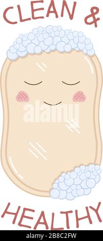 Cute funny bar of soap with clean and healthy inscription. Vector illustration of hygiene product with pretty smile, pink cheeks. Childish drawing for kids. Hand washing against viruses and bacteria Stock Vector