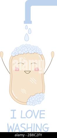 Cute funny bar of soap washing. Vector illustration of hygiene product with pretty smile and pink cheeks. Childish drawing for kids. Hand washing against viruses and bacteria Stock Vector