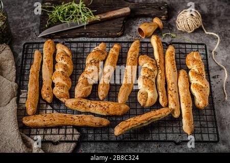 Delicious homemade salted sticks with cumin and sea salt Stock Photo