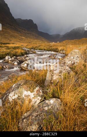 View from the Beallach na Ba, a high mountain pass in the Northwest Highlands of Scotland, UK Stock Photo
