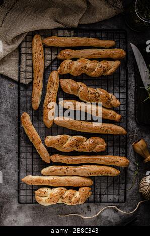 Delicious homemade salted sticks with cumin and sea salt Stock Photo