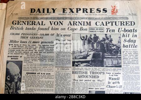 'General Von Arnim Captured' Daily Express newspaper headline during WW2 WWII on front page  13 May 1943 in London England UK Stock Photo