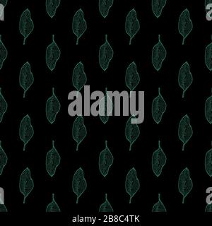 Banana tree plant leaf seamless pattern. Mint line art doodle sketch on black background. Vector illustration for greeting cards, posters, flyers, banners, wallpaper, wrapping paper, botanical design etc. EPS10 Stock Vector