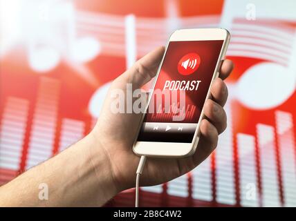 Hand holding smartphone with podcast app on screen. Mobile phone with application on abstract background. Stock Photo