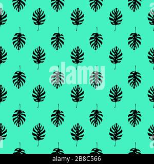 Monstera plant leaf seamless pattern. Black line art doodle sketch on mint background. Vector illustration for greeting cards, posters, flyers, banners, wallpaper, wrapping paper, botanical design etc. EPS10 Stock Vector