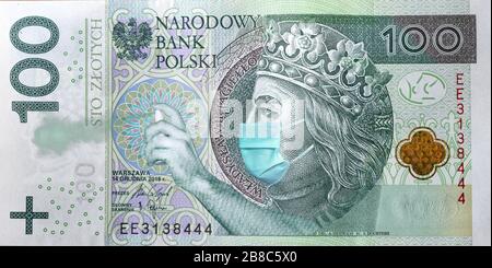 Coronavirus in Poland. Quarantine and global recession. 100 Polish zloty banknote with a face mask and antibacterial spray against infection. Stock Photo