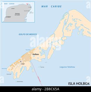 Map of the Mexican island of Holbox in the north of the Yucatan Peninsula, Mexico Stock Vector