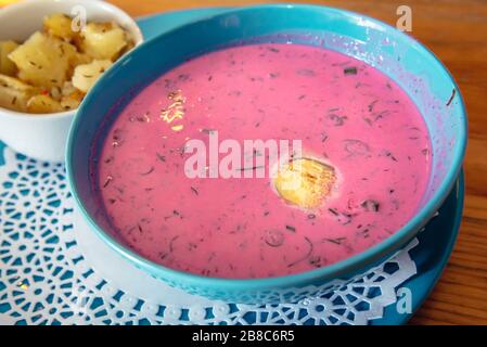 Traditional Polish and Lithuanian cuisine - cold borscht - Lithuanian cold beetroot soup with hard bolied egg Stock Photo