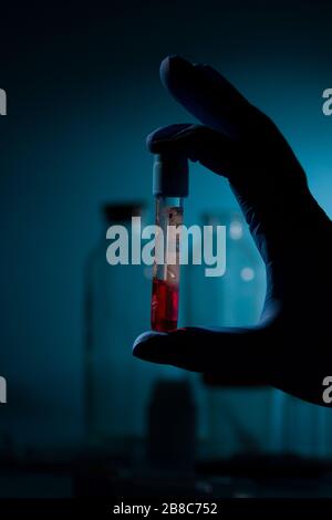 Hand of researcher holds test tube with blood for Coronavirus 2019-nCOV test. Dramatic light Stock Photo