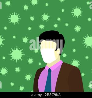 Man in White Medical Face Mask. Stop Pandemic Novel Coronavirus Green Background Stock Vector