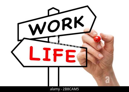 Work-Life balance concept. 2-way signpost on whiteboard with the options work and life Stock Photo