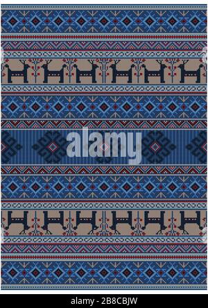 Original luxury vintage oriental rug in blue shades with deer and flowers on beige background Stock Photo