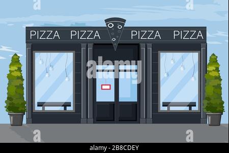Pizza restaurant facade Vector flat style. Modern cafe icon Stock Vector