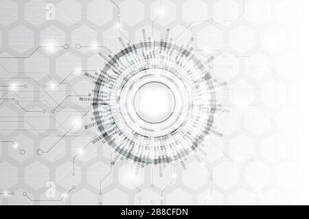 Abstract black and white technology background with circuit and hexagon pattern, sparkle effect and hi tech style circle. Stock Vector