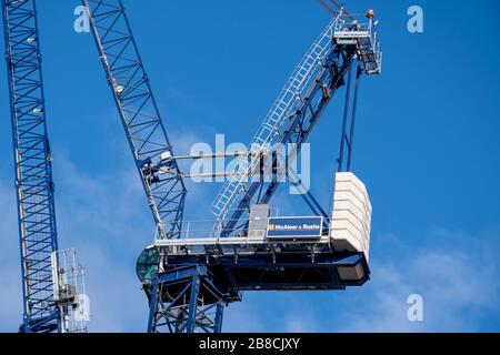 Close up of a blue tower crane operator cabin. Stock Photo