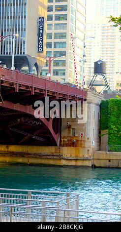 Chicago Riverwalk/ Bridge/ Sign/ Water Tower Stock Photo