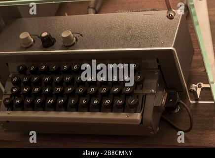 View of an antique manual Underwood typewriter in sepia color Stock Photo
