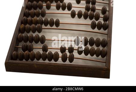 Old wooden scores. close-up abacus . Abacus on light and brown background. Concept of savings, counting. Accounting and Budget Concept. Stock Photo