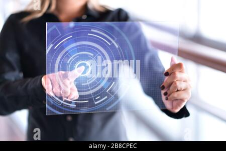 Person pushing button on transparent glass tablet with finger. Woman using futuristic fingerprint recognition technology. Stock Photo