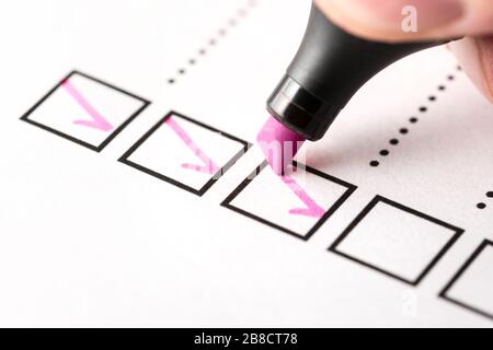 Check list document of finished work duties and responsibilities. Business progress or agenda. Checklist, keeping score of obligations. Stock Photo