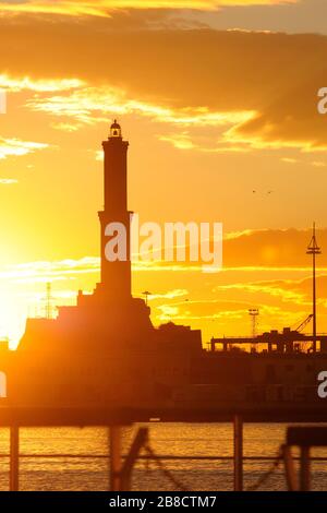 Sunset on the la Lanterna Lighthouse, Genoa, Italy, Europe Stock Photo