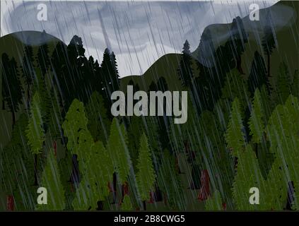 rain and forest with cloud and hill Stock Vector