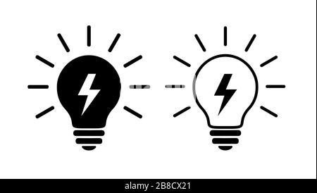 Two Light Bulb Flat Icons, Black And Linear. Lighting Electric Lamp With Lightning Inside And Rays, Simple Pictograms. Vector Graphic Design Elements Stock Vector
