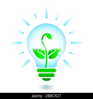 Vector Light Bulb Icon. Electric Lamp With Green Plant Sprout With Leaves Growing Inside And Blue Rays, Simple Pictogram. Renewable Energy Sign Stock Vector