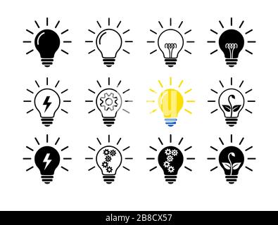 Set Of Light Bulb Flat Icons, Linear And Black. Collection Of Lighting Electric Lamps. Simple Pictograms, 12 Items. Vector Graphic Design Elements. Stock Vector