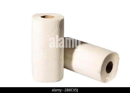 Close up view of two rolls of white kitchen towels isolated on white background. Stock Photo