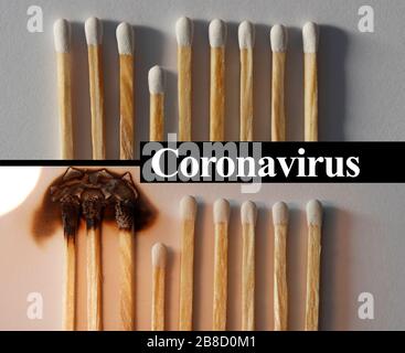 Social distancing concept showing how it can stop spreading of corona virus pandemic. One match with more distance stops burning of others. Stock Photo