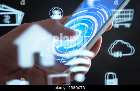Future mobile phone technology to control smart home. Cellphone app interface with abstract IOT and AR data. Futuristic augmented reality tech. Stock Photo