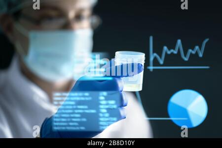 Digital technology in health care. Doctor or scientist in lab, clinic or hospital. Information and statistics in virtual hologram screen. Stock Photo