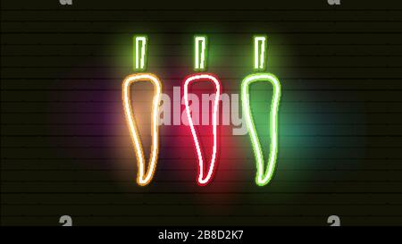 Pepper Cayenne With Fire. Sign For Neon Signboard With Hot Burning Pepper. Eps10 Vector Illustration. Stock Vector