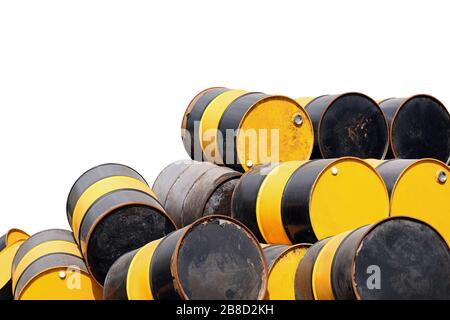 barrel oil, old barrel oil metal pile, barrel oil yellow and black color Stock Photo