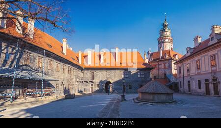 courtyard with castle tower, buildings around, castle in Cesky Krumlov, Czech republic Stock Photo