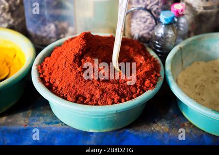 Red paprika spices in Moroccan shop Stock Photo