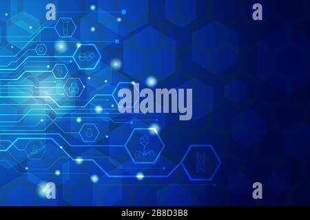 Dark blue gradient background with medical icon ,sparkle effect and hexagon pattern. Stock Vector